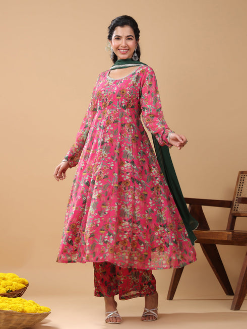 Pink Georgette Digital Floral Printed Kurta with Palazzo and Dupatta